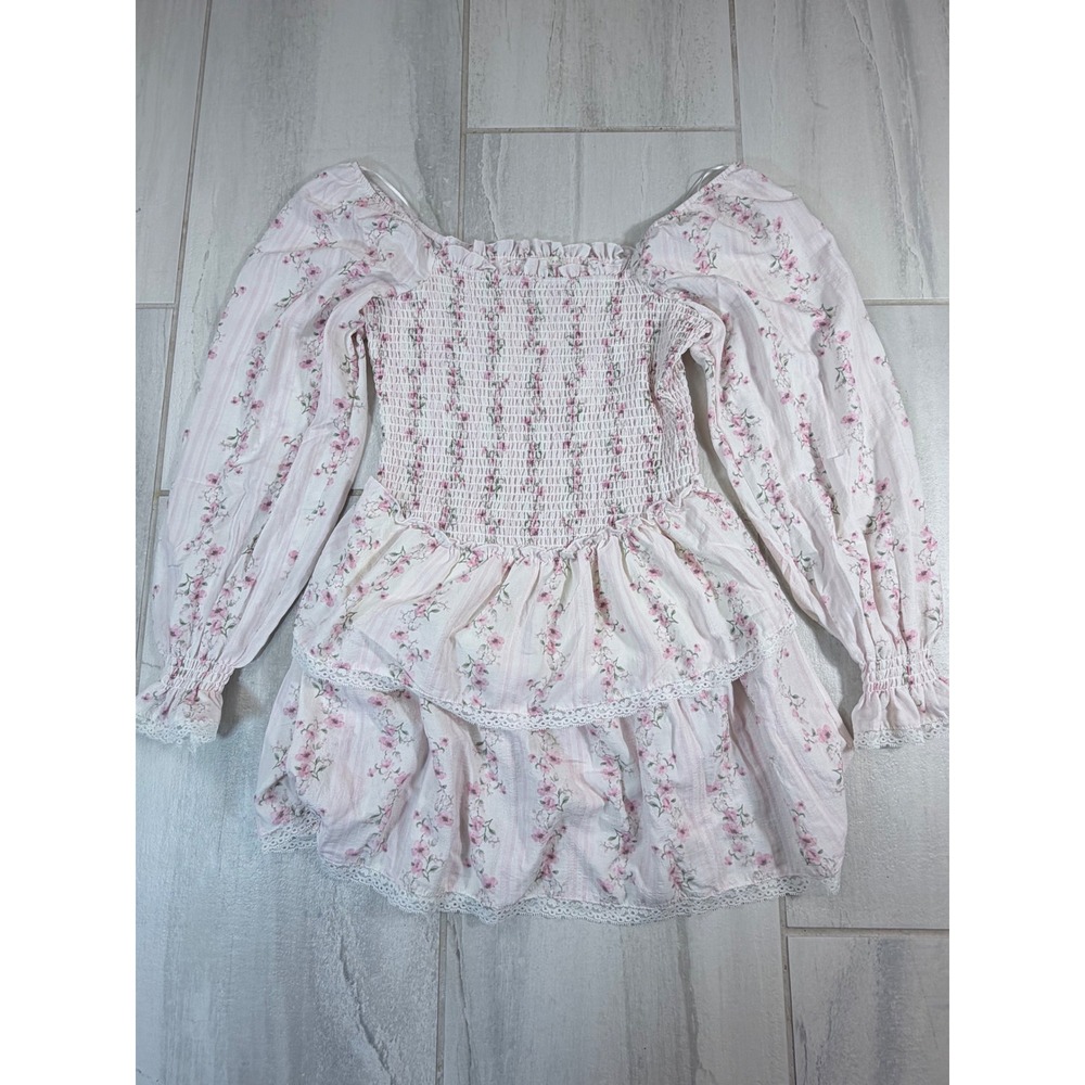 Thirty Thirty LA Pink Floral Smocked Tiered Ruffle Lace Mini Dress Large